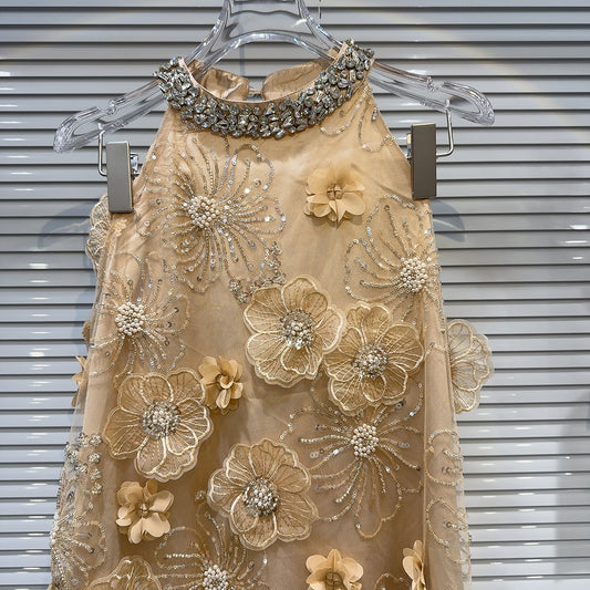 Fashion Yellow 3D Flower Beading Halter Design A-line Party Dress Homecoming Dress DP5884