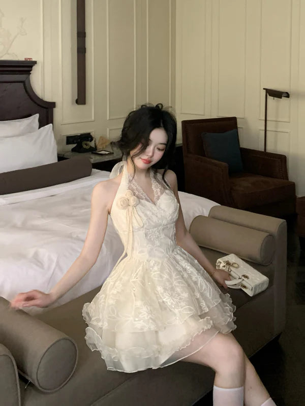 Vintage Ivory Lace A-Line Homecoming Dress Sequin Party Dress Short Halter-neck Cocktail Dress, DP6598