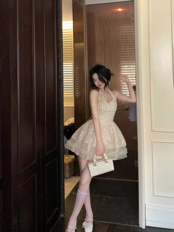 Vintage Ivory Lace A-Line Homecoming Dress Sequin Party Dress Short Halter-neck Cocktail Dress, DP6598