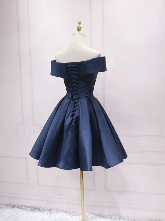 Retro Navy Blue Off-the-shoulder Design A-line Satin Party Dress Homecoming Dress DP6078