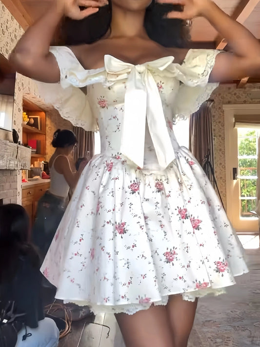 Fashion Floral Bow Design A-line Off-the-shoulder Party Dress Homecoming Dress DP5877