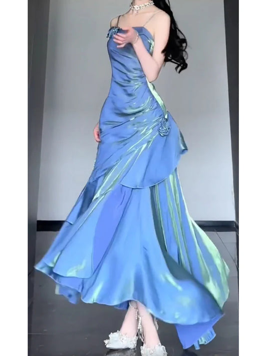 Vintage Blue Spaghetti Strap Ruffle Design Elegant A-line Satin Evening Dress Prom Dress DP6127