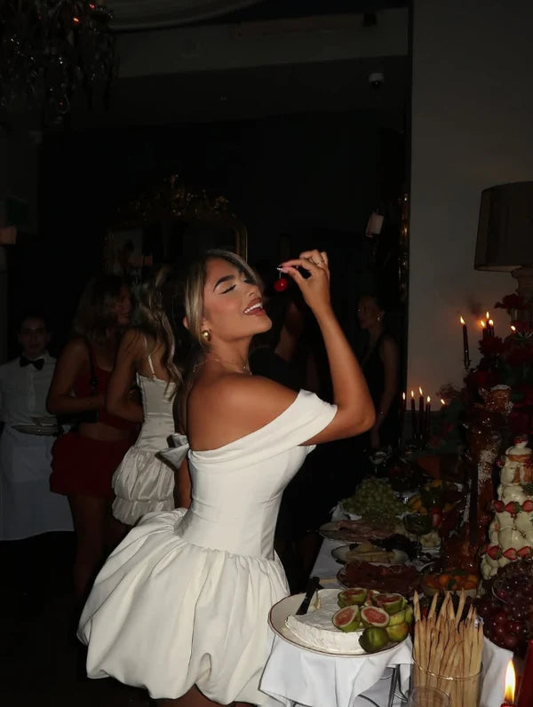 Sexy Ivory Satin Off-the-shoulder Sweetheart Short A-Line Party Dress Cocktail Dress Homecoming Dress DP6490