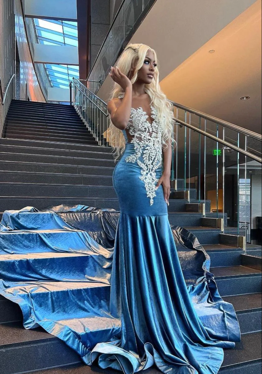 Blaues Meerjungfrau-Spitzen-Abendkleid aus afrikanischem Material, DP0290