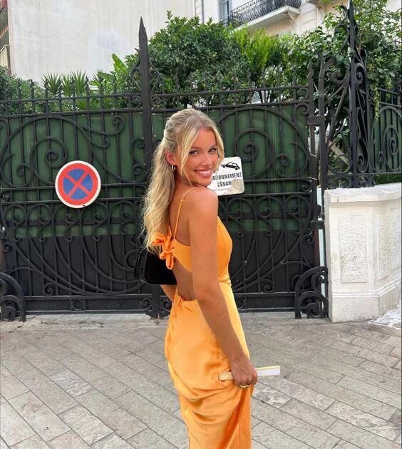 Orange Spaghettiträger Satin Meerjungfrau Langes Partykleid, DP2249