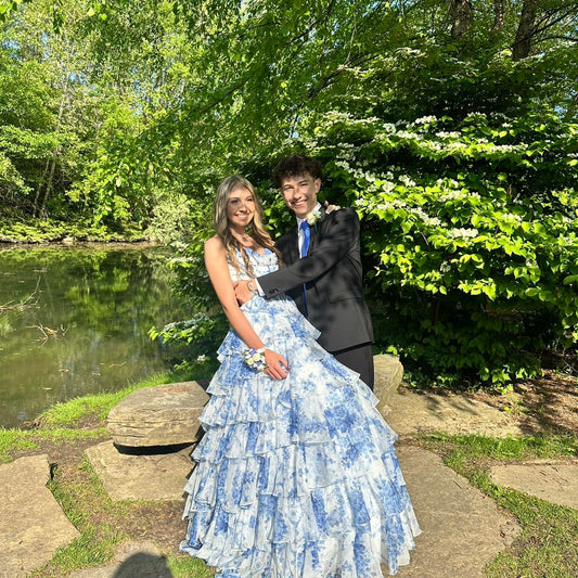 Vintage Blue Floral Prom Dress A-Line Tiered Evening Dress Long Formal Dress DP6638