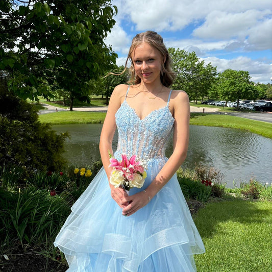 Vintage Blue Tulle Prom Dress Spaghetti Strap Evening Dress Long A-Line Formal Dress DP6641