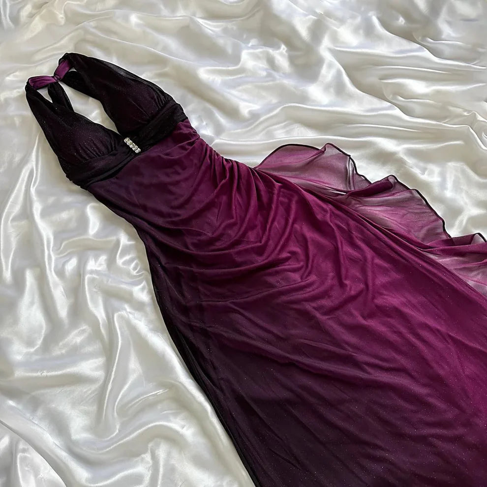 Vintage Gradient Navy Blue/Purple Halter-neck Sheath Prom Dress Evening Dress DP6368