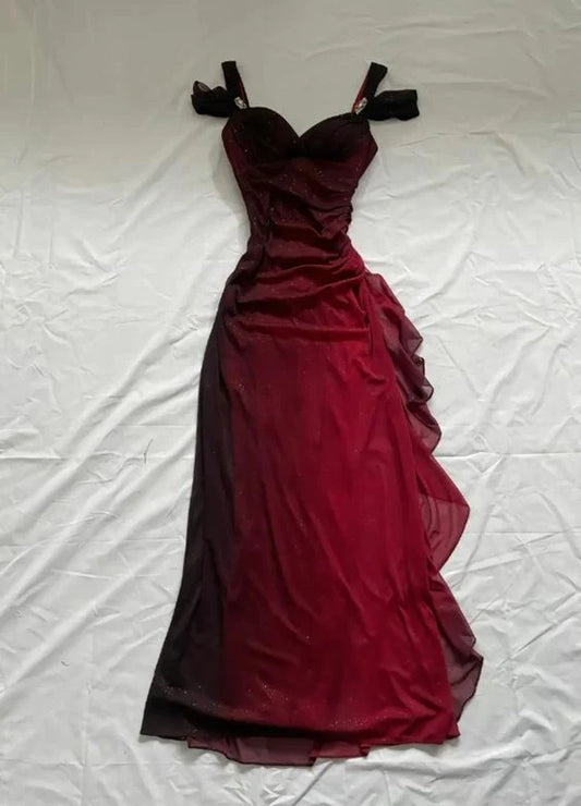 Robe de soirée longue vintage bordeaux brillante en mousseline de soie, avec bretelles, DP6305