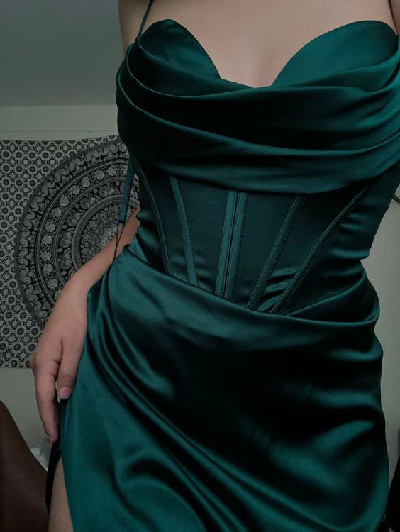 Charming Satin High Slit Mermaid Long Prom Dress Party Dress Evening Dress DP6468
