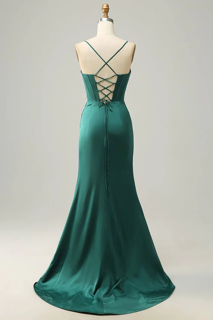 Charming Satin High Slit Mermaid Long Prom Dress Party Dress Evening Dress DP6468