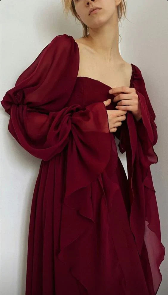 Retro Burgundy Long-sleeve A-Line Long Prom Dress Party Dress Evening Dress DP6485
