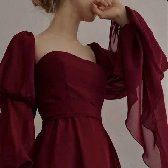 Retro Burgundy Long-sleeve A-Line Long Prom Dress Party Dress Evening Dress DP6485