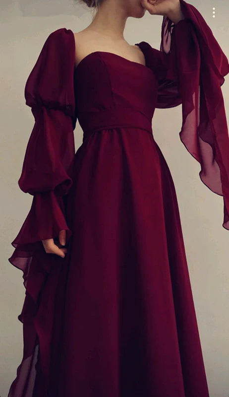 Retro Burgundy Long-sleeve A-Line Long Prom Dress Party Dress Evening Dress DP6485