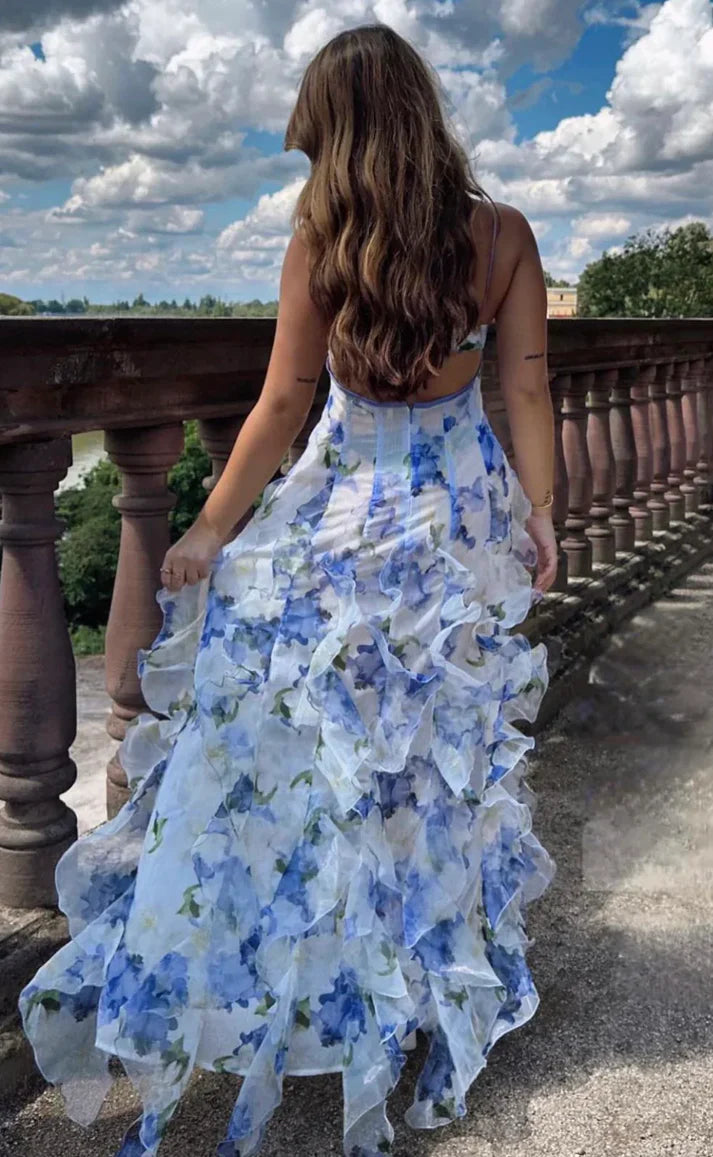 Vintage Floral Spaghetti Strap Ruffle Mermaid Chiffon Prom Dress Party Dress Evening Dress DP6483
