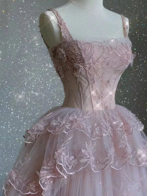Vintage Rosa Spitze Glänzende Pailletten A-Linie Tüll Ballkleid Partykleid Abendkleid DP6476