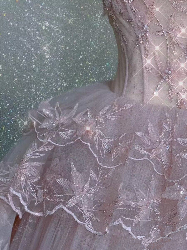 Vintage Rosa Spitze Glänzende Pailletten A-Linie Tüll Ballkleid Partykleid Abendkleid DP6476