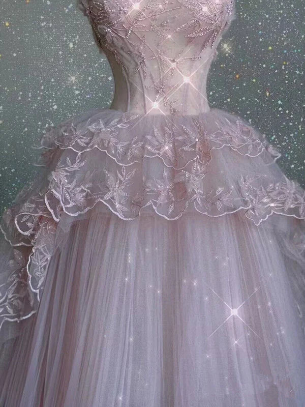 Vintage Rosa Spitze Glänzende Pailletten A-Linie Tüll Ballkleid Partykleid Abendkleid DP6476