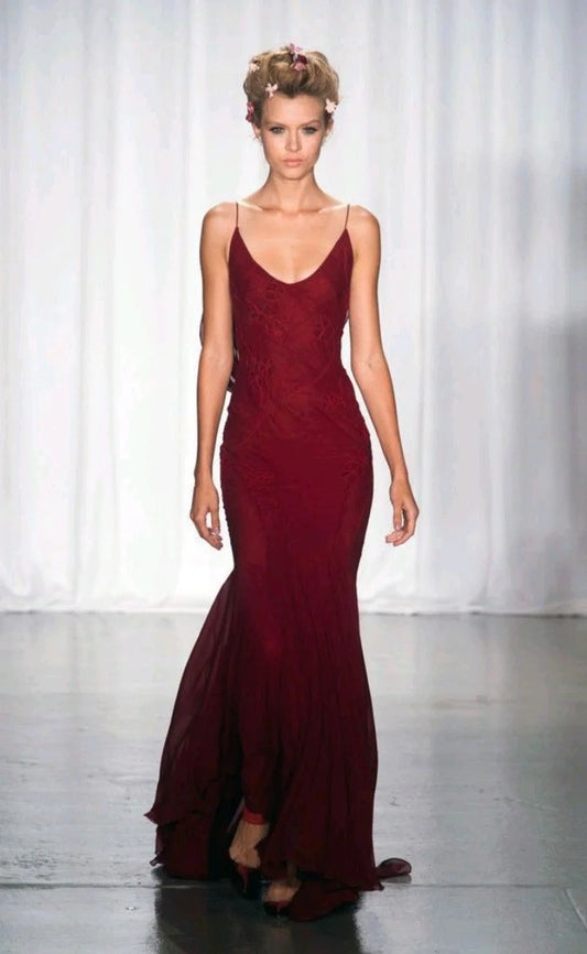 Vintage Burgundy Mermiad Applique Spaghetti Strap Long Prom Dress Evening Dress DP6307