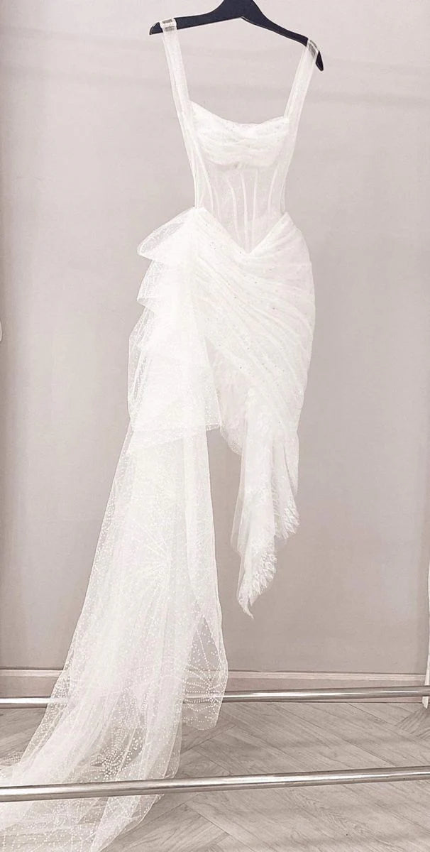 Vintage White Irregular Skirt Hem Sheath Tulle Prom Dress Party Dress Evening Dress DP6481