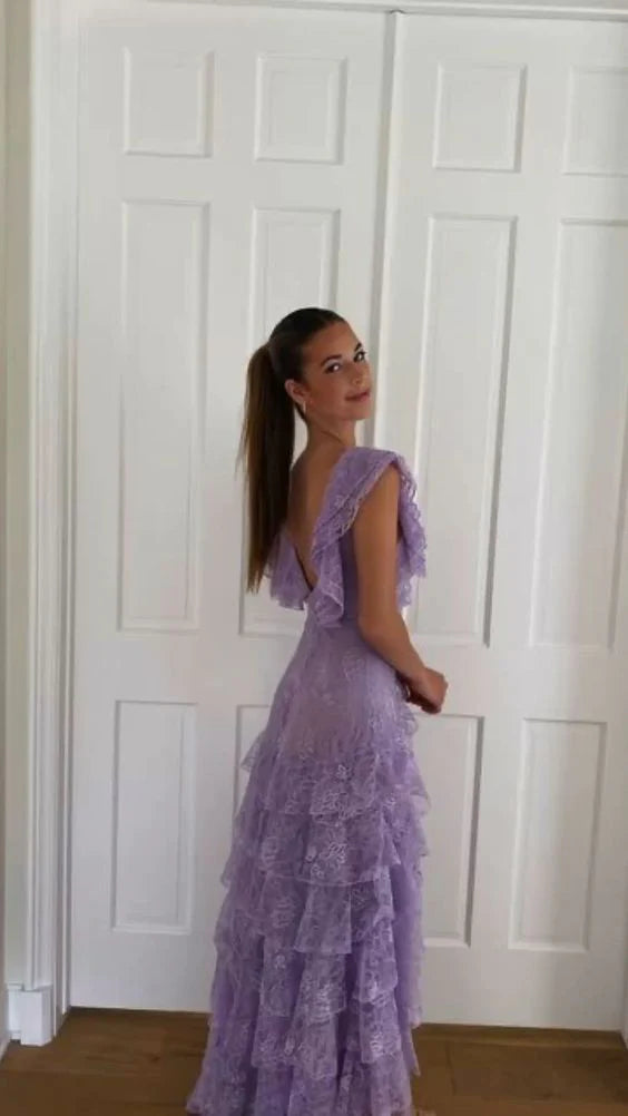 Vintage Lilac A-Line Lace Tiered Prom Dress Party Dress Evening Dress DP6478