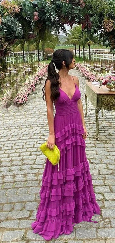 Vintage Fuchsia V-neck Spaghetti Strap A-Line Chiffon Prom Dress Party Dress Evening Dress DP6484