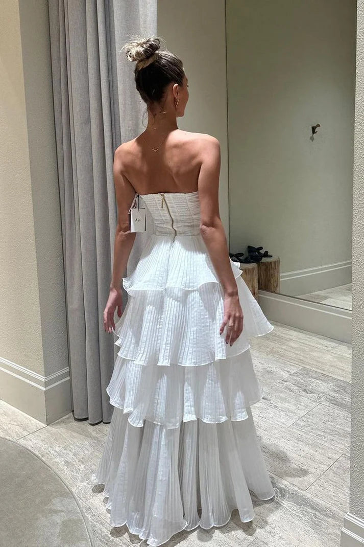 Vintage White Chiffon Strapless A-Line Tiered Prom Dress Party Dress Evening Dress DP6477