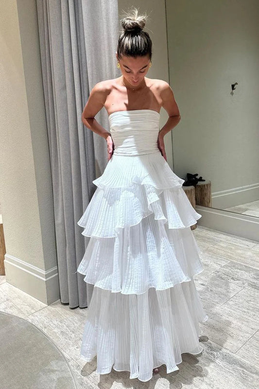 Vintage White Chiffon Strapless A-Line Tiered Prom Dress Party Dress Evening Dress DP6477