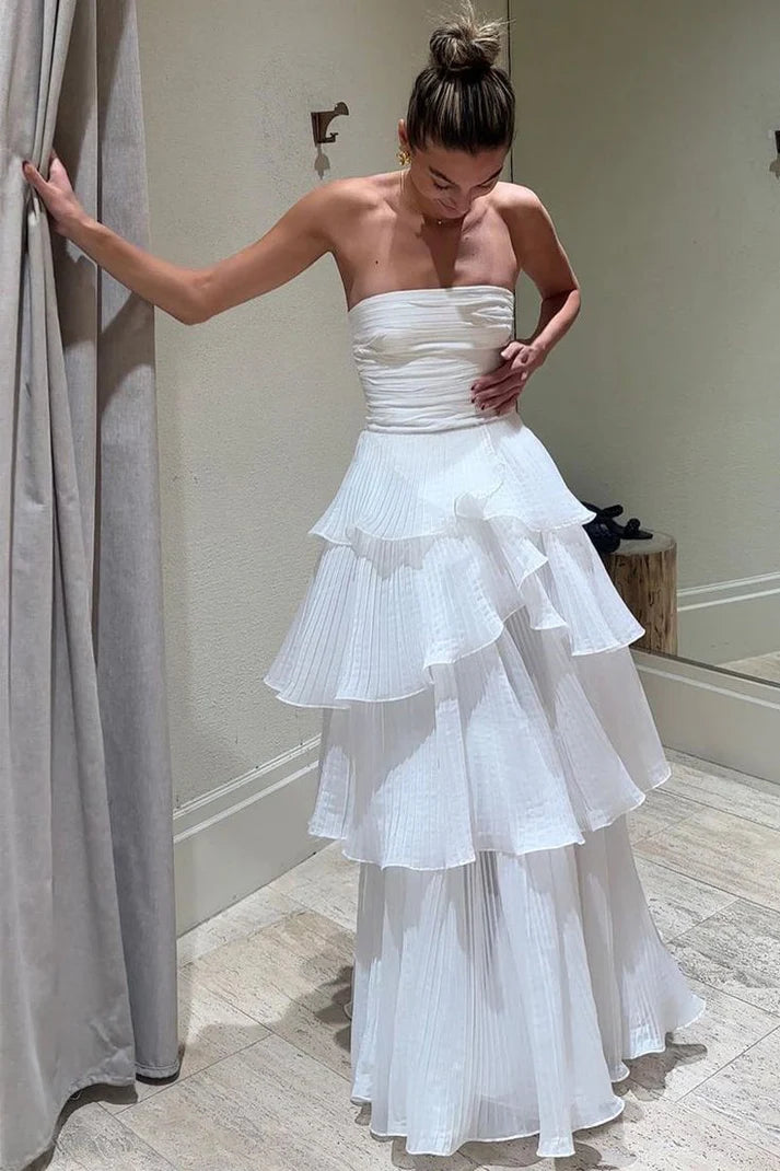 Vintage White Chiffon Strapless A-Line Tiered Prom Dress Party Dress Evening Dress DP6477