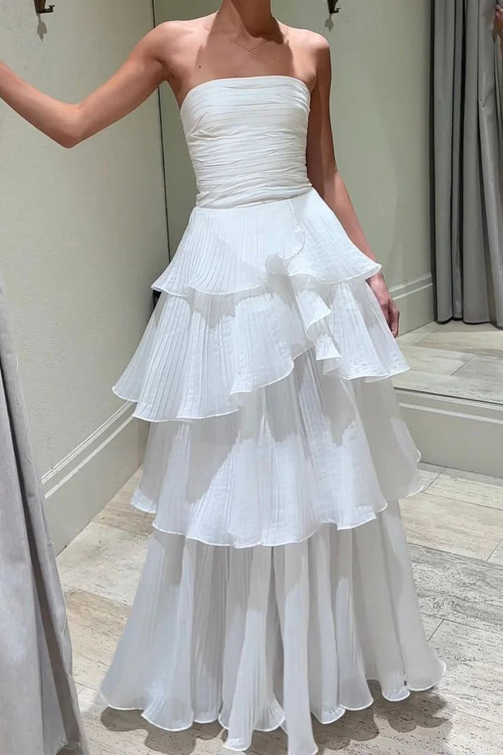 Vintage White Chiffon Strapless A-Line Tiered Prom Dress Party Dress Evening Dress DP6477