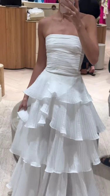 Vintage White Chiffon Strapless A-Line Tiered Prom Dress Party Dress Evening Dress DP6477