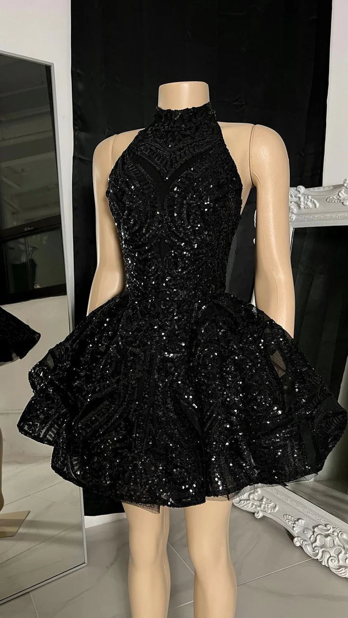 Vintage Black Sparkling Sequin Halter Dress Design A-Line Tiered Party Dress Homecoming Dress DP6159