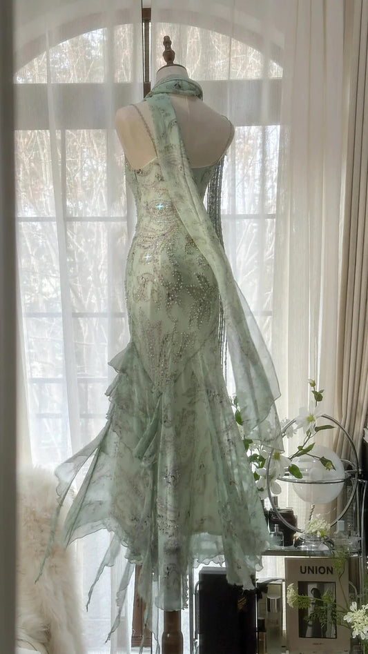 Gorgeous Light Green Cowl Neck Glittering Beaded Spaghetti Strap Chiffon Mermaid Prom Dress Evening Dress DP6315