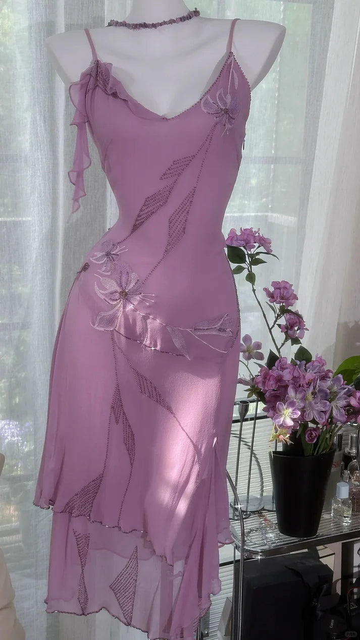 Gorgeous Rose Pink Applique Spaghetti Strap Chiffon Mermaid Prom Dress Evening Dress DP6317