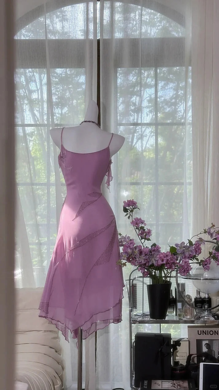 Gorgeous Rose Pink Applique Spaghetti Strap Chiffon Mermaid Prom Dress Evening Dress DP6317