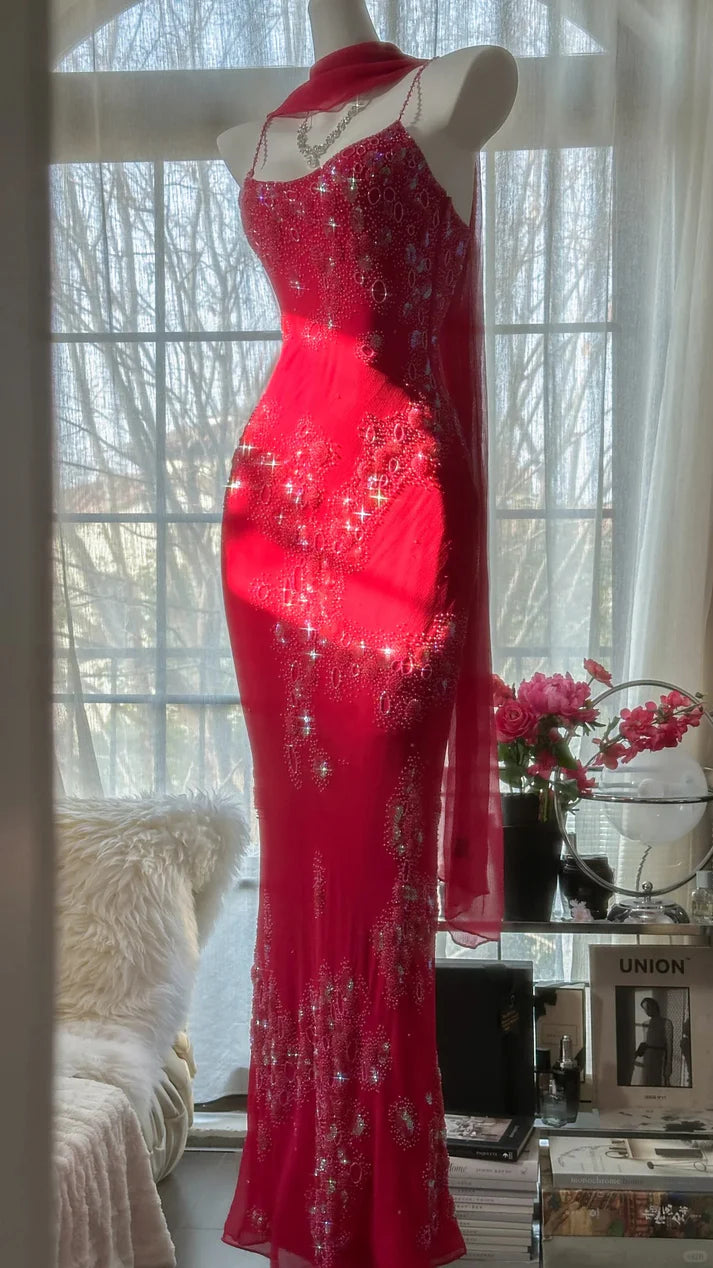 Vintage Rotes Chiffon Glänzende Perlen Spaghettiträger Meerjungfrau Langes Ballkleid Abendkleid, DP6532