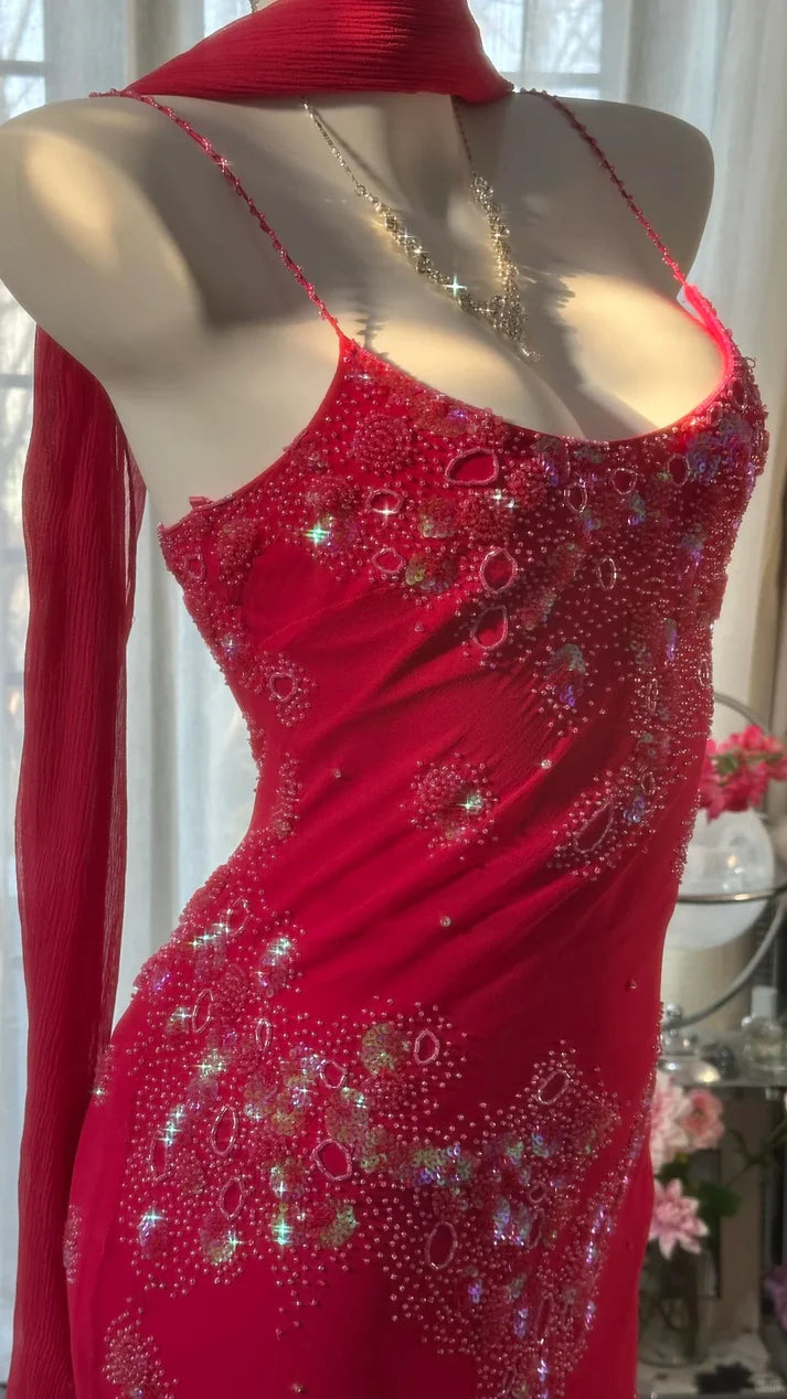 Vintage Rotes Chiffon Glänzende Perlen Spaghettiträger Meerjungfrau Langes Ballkleid Abendkleid, DP6532