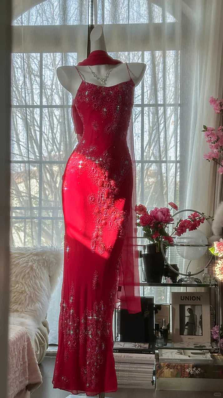 Vintage Rotes Chiffon Glänzende Perlen Spaghettiträger Meerjungfrau Langes Ballkleid Abendkleid, DP6532