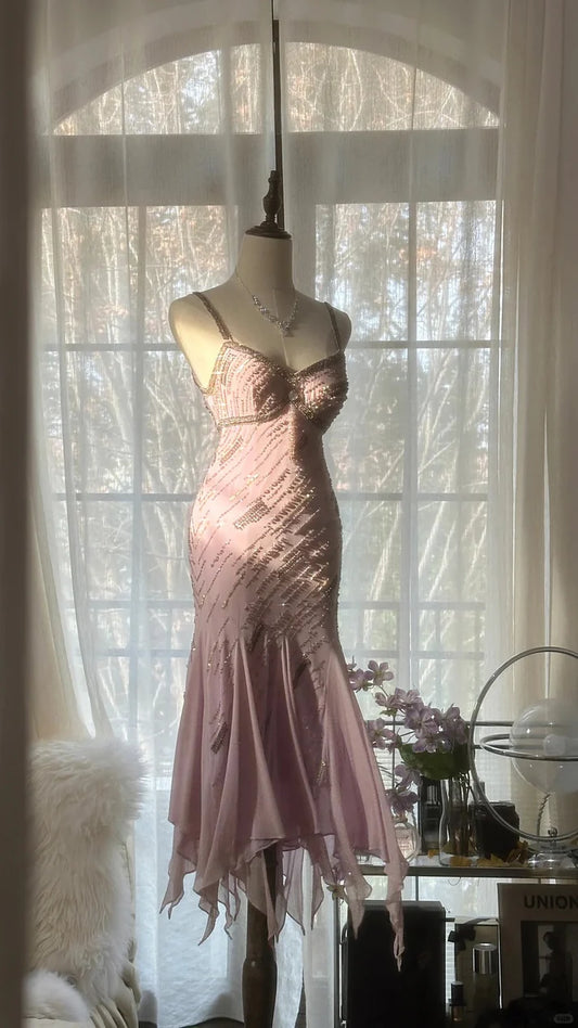 Gorgeous Pink Sweetheart Glittering Beaded Spaghetti Strap Chiffon Mermaid Prom Dress Evening Dress DP6316
