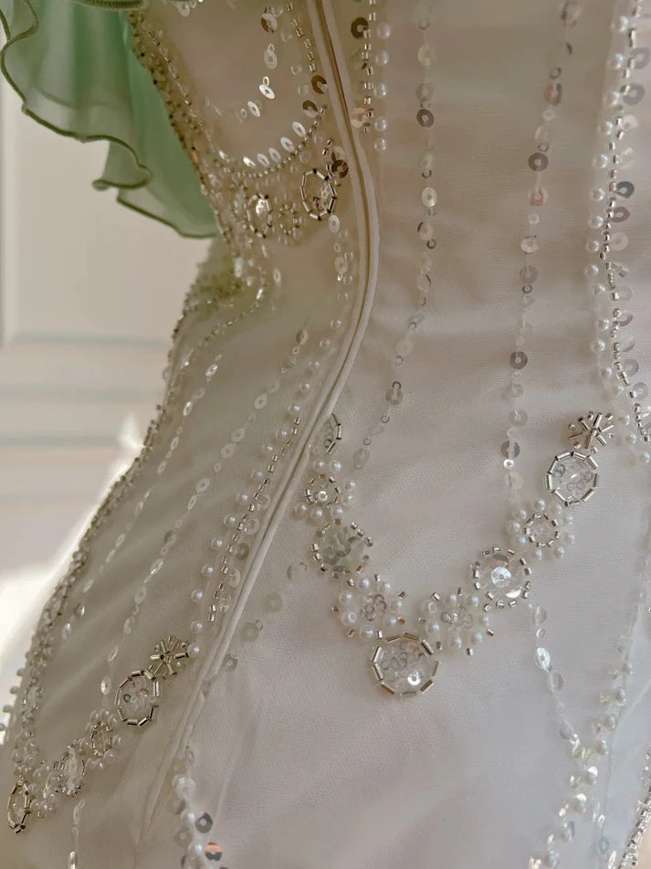 Gorgeous Shiny Beaded Spaghetti Strap Ruffles Chiffon Mermaid Prom Dress Evening Dress DP6313