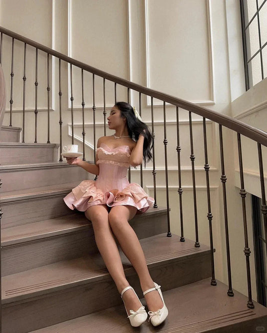 Cute Pink Strapless Tiered Lace Ruffled A-Line Homecoming Dress DP8491