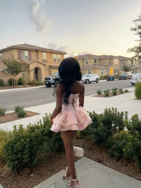 Cute Pink Strapless Tiered Lace Ruffled A-Line Homecoming Dress DP8491