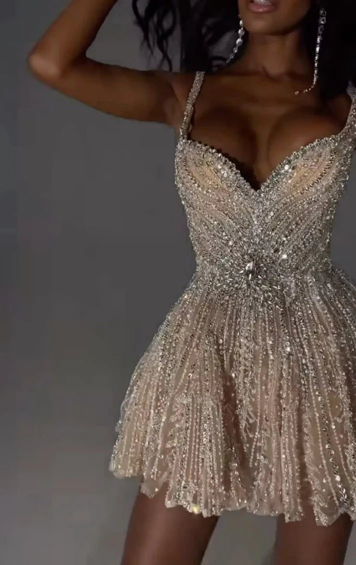 Vintage silbrig glänzend Perlen A-Linie kurzes Partykleid Cocktailkleid Homecoming Kleid DP6519