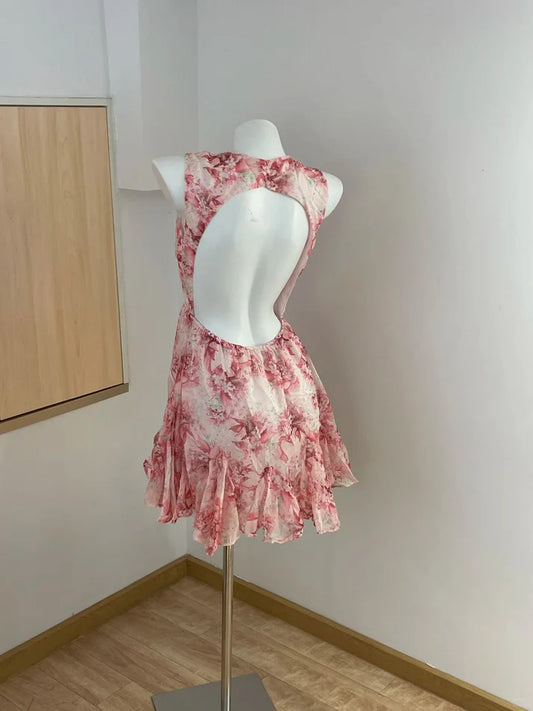 Süßes rosa rückenfreies A-Linien-Partykleid mit Blumenmuster und Homecoming-Kleid DP6102