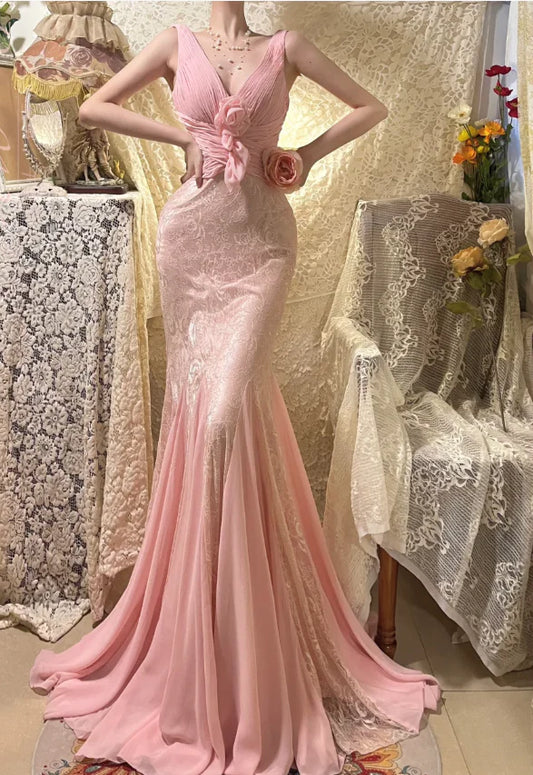 Vintage Pink Lace Prom Dress Mermaid V-neck Evening Gown Sleeveless Party Dress Long Formal Dress DP6895