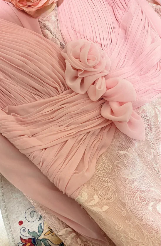 Vintage Pink Lace Prom Dress Mermaid V-neck Evening Gown Sleeveless Party Dress Long Formal Dress DP6895
