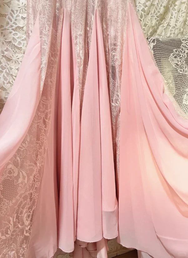 Vintage Pink Lace Prom Dress Mermaid V-neck Evening Gown Sleeveless Party Dress Long Formal Dress DP6895