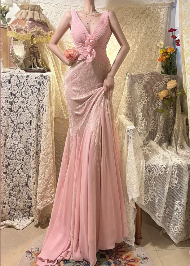 Vintage Pink Lace Prom Dress Mermaid V-neck Evening Gown Sleeveless Party Dress Long Formal Dress DP6895