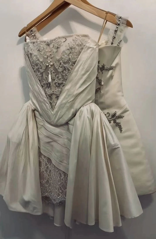 Vintage Elfenbein Applikation Trägerloses A-Linie Kurzes Partykleid Cocktailkleid Homecoming Kleid DP6518