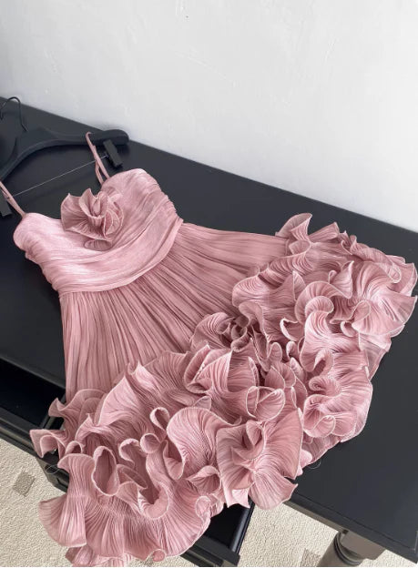 Cute Pink Spaghetti Strap Ruffle Design A-Line Homecoming Dress Party Dress Prom Dresses DP6153